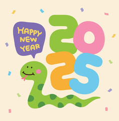 2025 typography design with cute snake character in hand drawn New Year celebration party concept. 2025 is called 'Year of the Snake' in Asia and Korea.