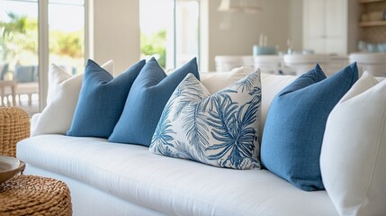A set of ocean blue throw pillows arranged on a white sofa in a bright coastal living room.


