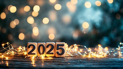 A charming card with ‘2025’ in wooden block letters, surrounded by glowing fairy lights on a rustic wooden table background