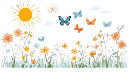 Flat vector clipart of a sunny spring scene with butterflies and flowers, isolated on a white background.