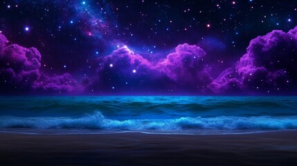 Starry Night Sky Over Ocean Waves with Purple and Blue Clouds
