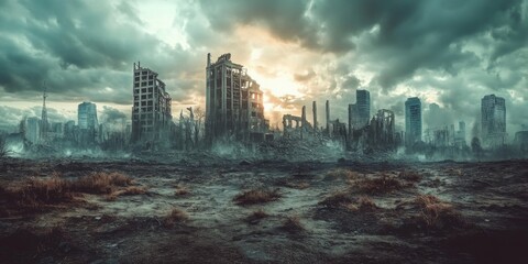 Post Apocalyptic Cityscape Ruins Destruction Overgrown Nature Dark Clouds Digital Art
