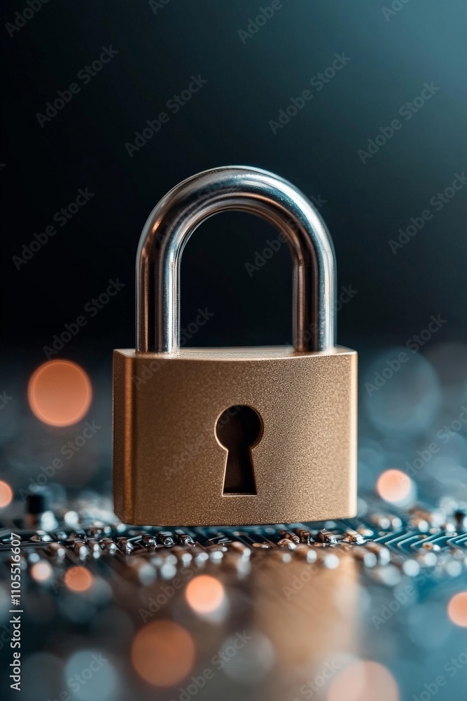 Poster a detailed close-up of a secure lock placed on a computer circuit board symbolizing security and tec