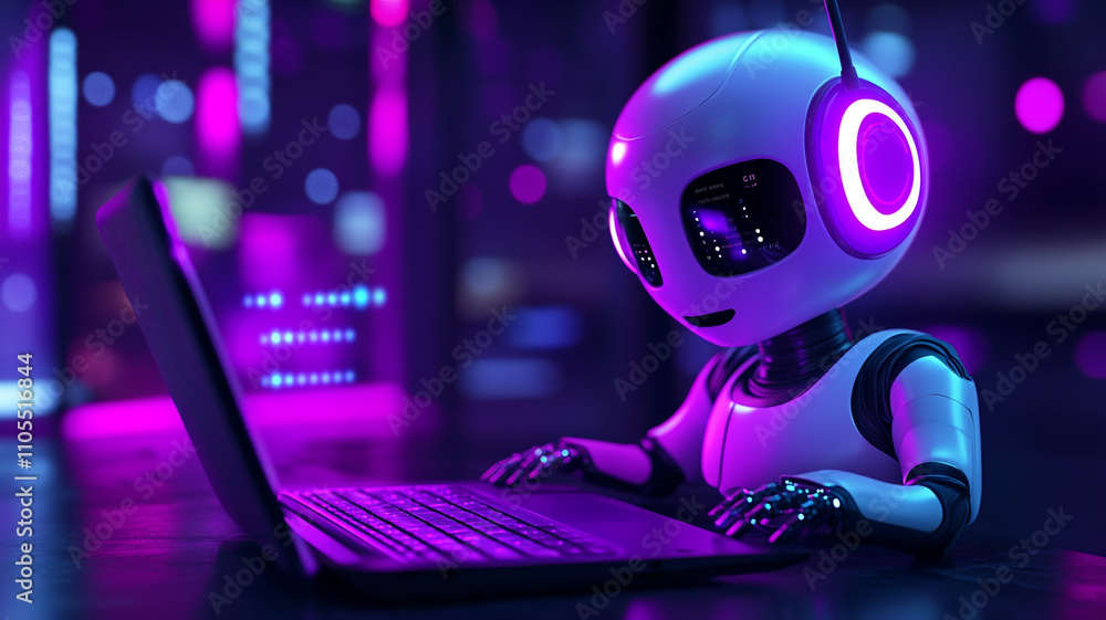 Poster robot engaged in coding with a laptop in a futuristic, neon-lit environment