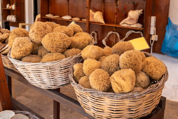 Natural sponges in local market. Symi island. Greece
