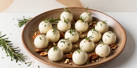 Creamy cheese balls with nuts and fresh rosemary on rustic plate for festive gatherings.