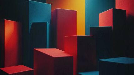 Colorful abstract arrangement of geometric shapes creating an urban landscape effect