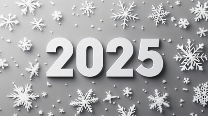 A modern Christmas card featuring ‘2025’ in bold sans-serif font, accented by minimalist snowflakes on a gray background