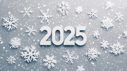 A modern Christmas card featuring ‘2025’ in bold sans-serif font, accented by minimalist snowflakes on a gray background