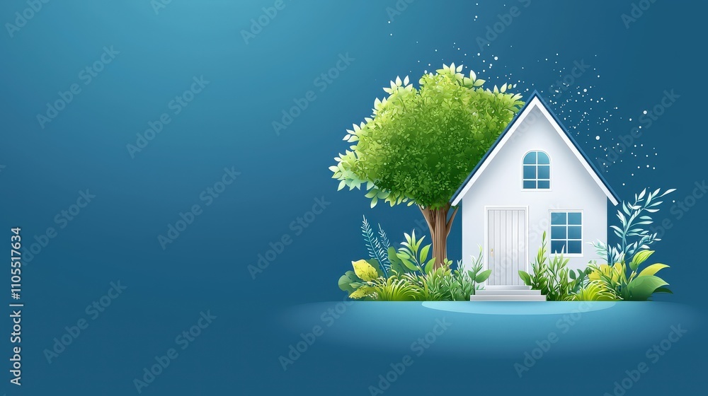 Poster flat-style vector of a house with a tree beside it, isolated on a white background with bright color
