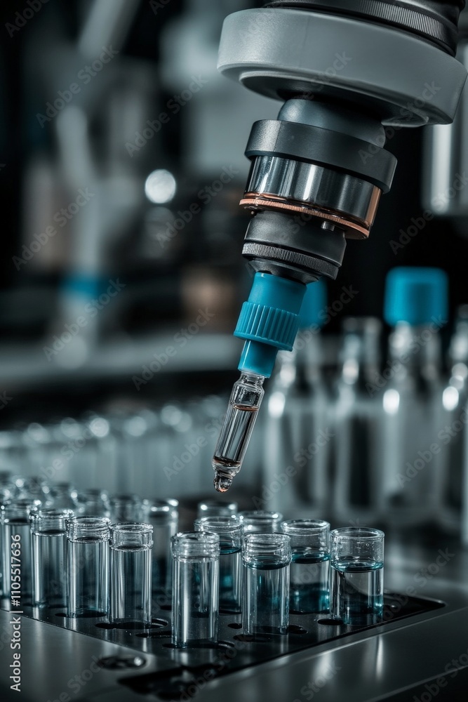 Poster close-up image of a laboratory pipette dispensing liquid into test tubes, highlighting themes of sci