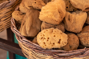 Natural sponges in local market. Symi island. Greece