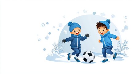 Fototapeta premium Flat-style vector of two children playing outdoors with a soccer ball, isolated on a white background.