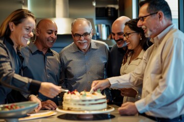 Retirement party. Coworkers gathered around a cake to celebrate a colleague's work anniversary or birthday.