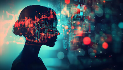 Digital Human Silhouette Overlaid on Abstract Data Visualization