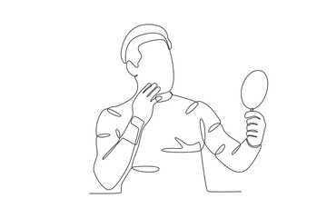Single continuous line drawing of Man looking at his teeth in the glass, dental concept.  Dynamic single line draw design graphic vector illustration.

