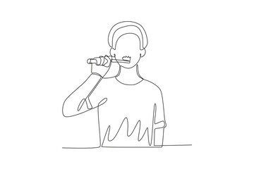 Single continuous line drawing of Man maintaining healthy teeth with toothbrush, dental concept.  Dynamic single line draw design graphic vector illustration.
