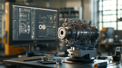 Advanced engineering workstation showcasing a turbine assembly design process