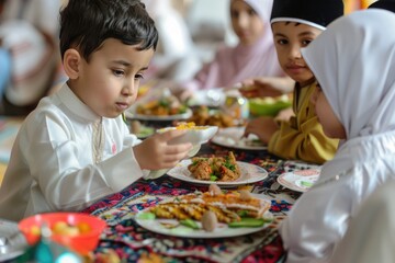 Children celebrating Eid al-Adha tradition, festive family dinner.