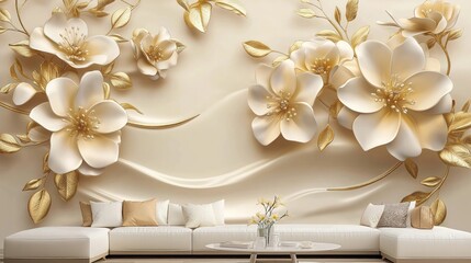Luxury cream, gold 3D floral wallpaper. Elegant flowers, leaves. Modern design. Luxury interior. Home decor. Interior design. High quality AI generated image. Perfect for walls. Sophisticated style.
