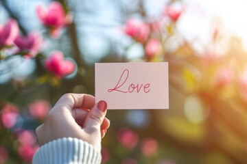Hand holding Valentine's Day card, with word Love, spring flowers background.