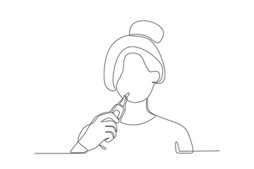 Single continuous line drawing of Woman maintaining healthy teeth with toothbrush, dental concept.  Dynamic single line draw design graphic vector illustration.
