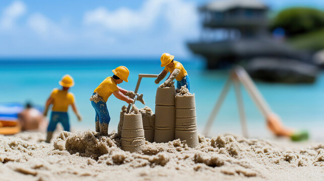 Tiny figurines building sandcastles on a beach with a tropical background showcasing creative miniature art and storytelling