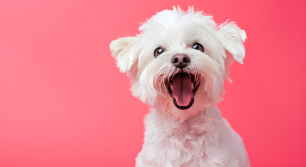Happy dog with funny on pink background