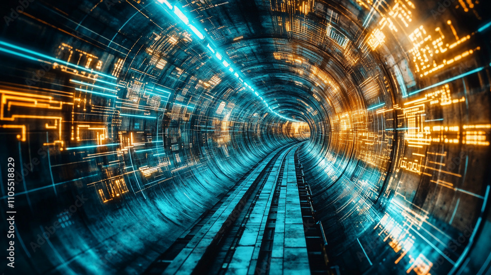 Poster futuristic tunnel with glowing data patterns and train tracks at night
