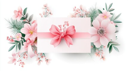 Vector clipart of a pastel pink invitation template with floral decoration and ribbon elements, isolated on a white background.