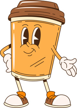 Naklejki Groovy coffee cup retro cartoon character, vector funny takeaway drink. Groovy coffee or hot chocolate paper cup emoji with funny face and smile for fast food drink or funky retro cartoon character