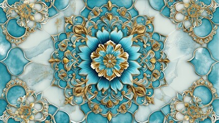 Intricate oriental floral design pattern on tiled background. Decorative blue, gold Islamic tile pattern. High-quality decorative image ideal for wall mural wallpaper. Exquisite ornamental detail.