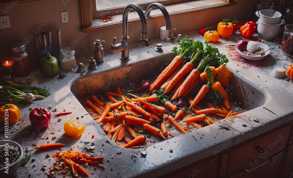 Poster sink full of chopped carrots and other vegetables. there are also some peppers and tomatoes on the c