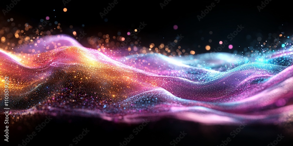 Poster a mesmerizing display of vibrant, glowing waves made of multicolored particles, evoking a sense of m