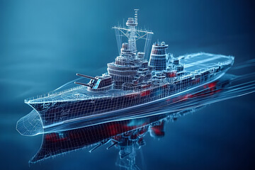Wireframe Model of a Warship on a Blue Background