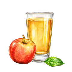 Fresh apple juice in a glass with a red apple and green leaf, white isolate background.