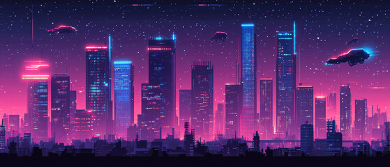Futuristic Cityscape at Night: Neon Lights and Flying Cars in Retro 80s Style