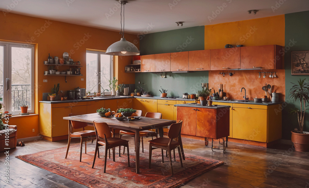 Poster kitchen with a yellow counter and a table with chairs. there are potted plants on the counter and a 
