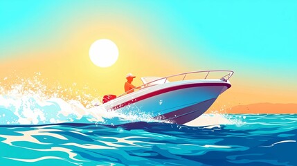 Sunset Motorboat Ride Ocean Waves Person Boating