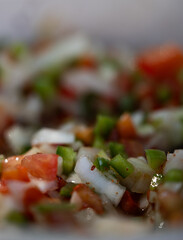 Chopped onion and bell pepper dressing.