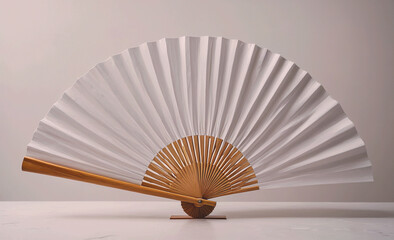 White fan with a wooden handle. The fan is open and has a brown handle