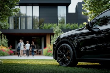 A sleek black car is parked in front of a contemporary house surrounded by a lush garden, capturing modern lifestyle elements of luxury, comfort, and style.