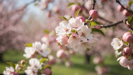 Fototapeta premium Pink apple blossoms blooming in a vibrant orchard during springtime sunshine.