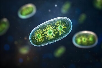 Visually striking and highly detailed microscopic photograph of photosynthetic euglena organisms showcased in a 3D scientific style with a rendering and sharp clean focus