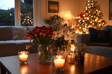 Cozy Christmas Evening Living Room Flowers Candles
