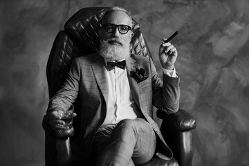 Cool man in glasses, hold cigarette, glass with brandy, in formal wear, tux with red bowtie and...