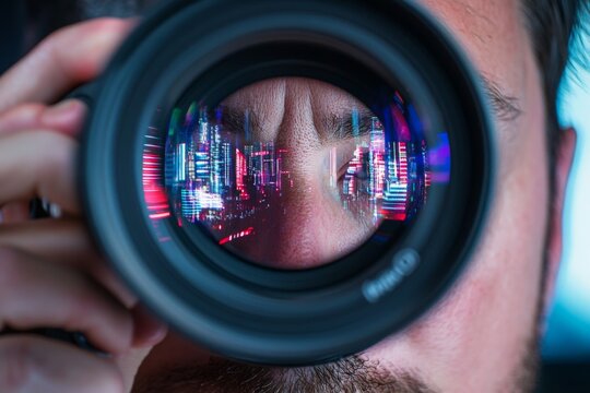 A close-up view of a camera lens showing the reflection of a person’s eye detailed with digital lights, illustrating a mix of technology and art.