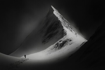 Solitary Figure Ascending A Snow Covered Mountain Peak