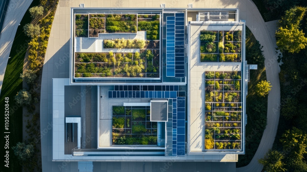 Poster aerial view of a sustainable data center with a rooftop garden, blending high-tech functionality and