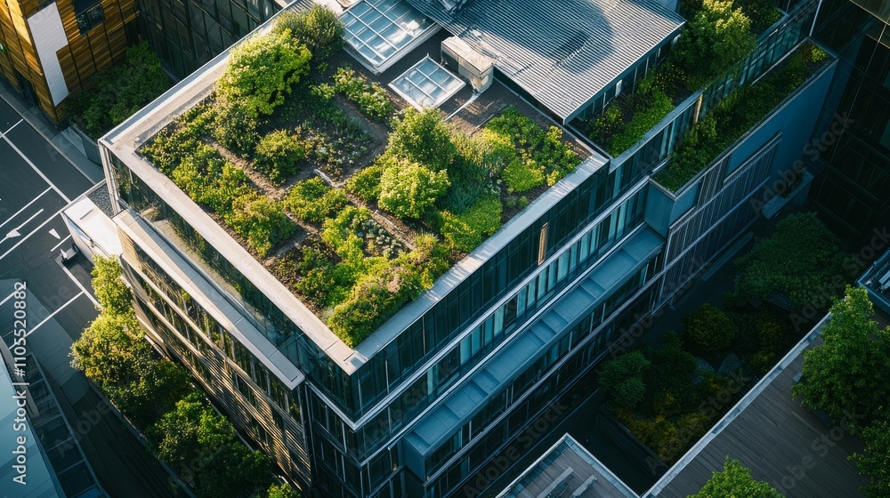 Poster aerial view of a sustainable data center with a rooftop garden, blending high-tech functionality and